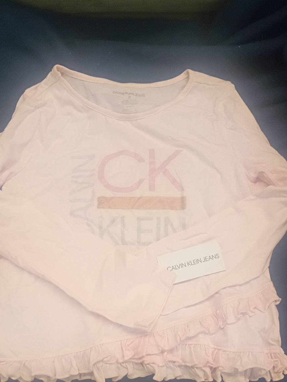 Calvin Klein Light Pink Girls' Long-Sleeve Ruffle Hem Logo Top
